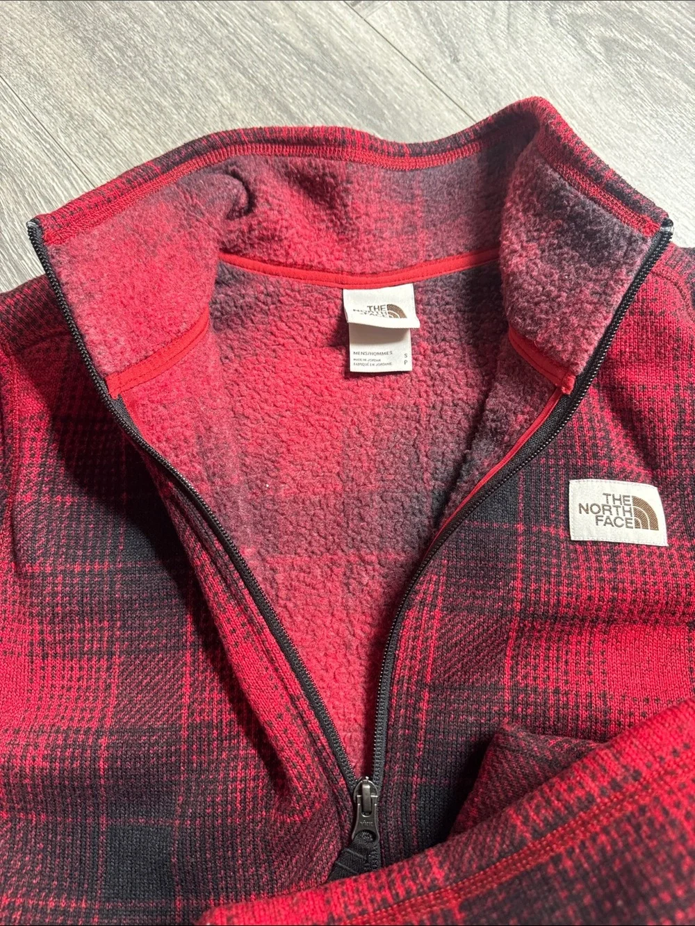 The North Face Men’s Red and Black Plaid Quarter-Zip Fleece